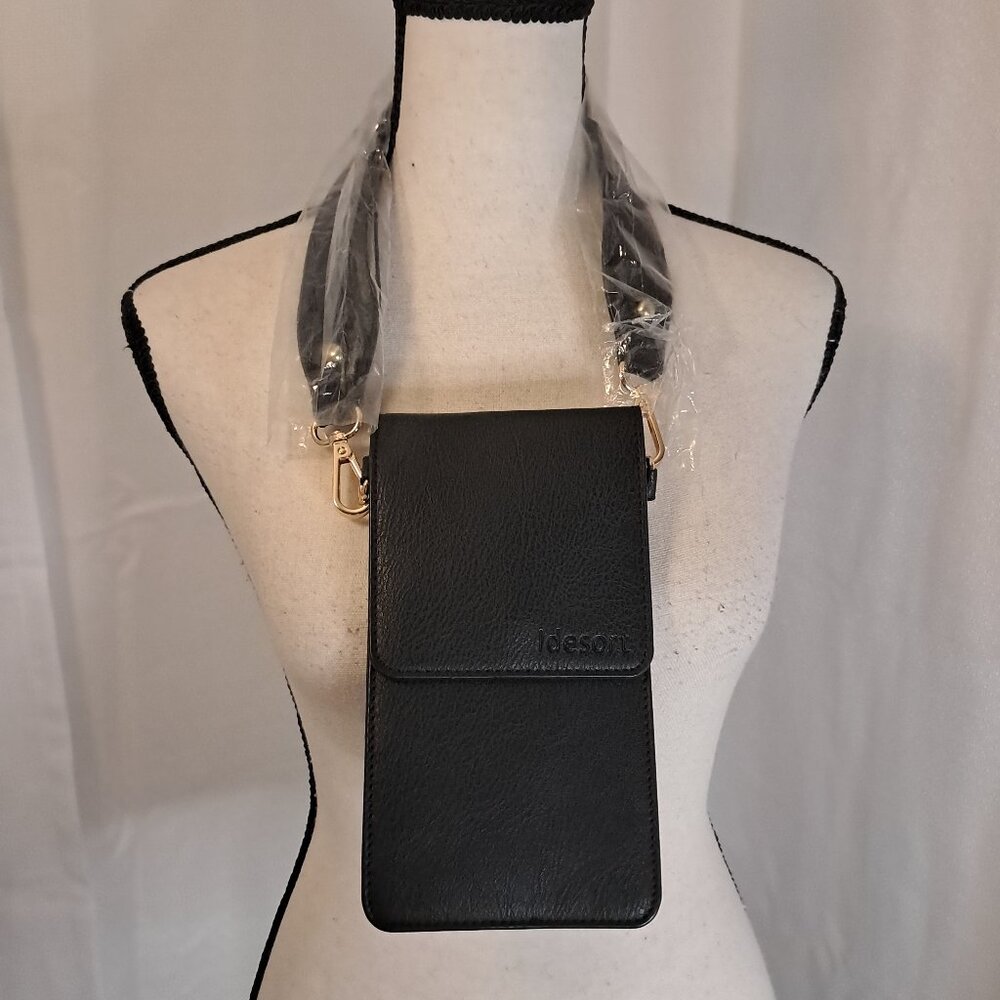 NWOT Idesort Small Cell Phone Purse Wallet Black Faux Leather Gold Hardware